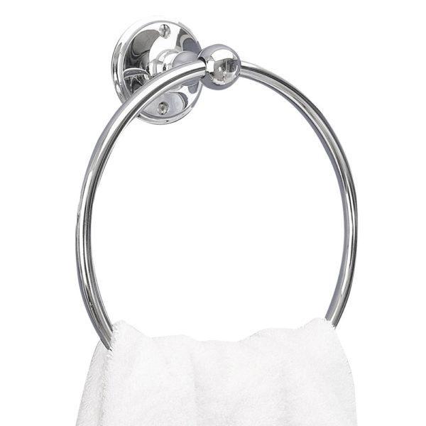 chrome circular towel ring with a circular wall plate holding a white towel