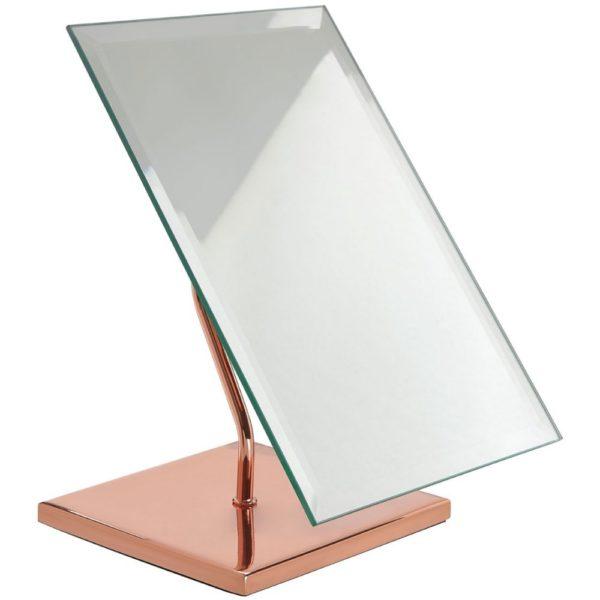 rectangular mirror attached to a rose gold stand with a swivel hinge