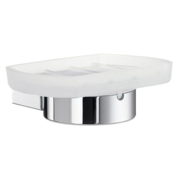 chrome ring shaped holder, holding a white frosted glass soap dish. the dish is oval in shape with ridges on the surface and is held from underneath the base