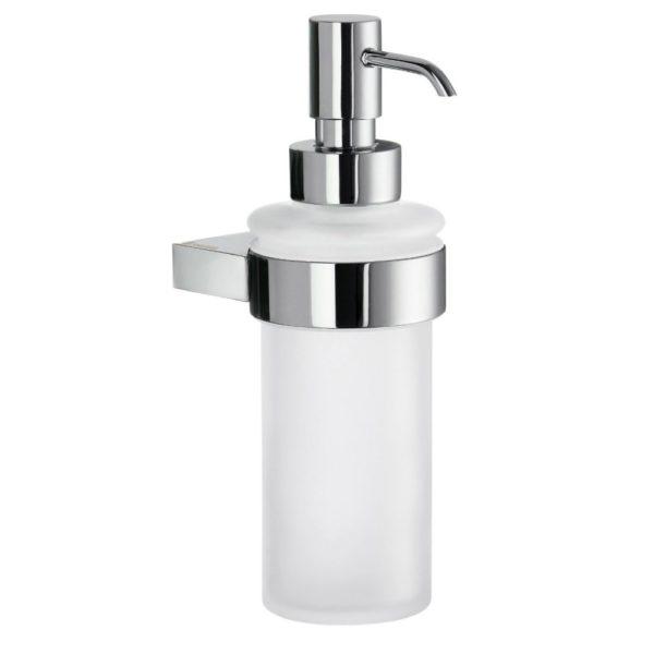 chrome ring shaped holder, holding a white frosted glass soap dispenser bottle, the bottle is held from the top and has a chrome pump head