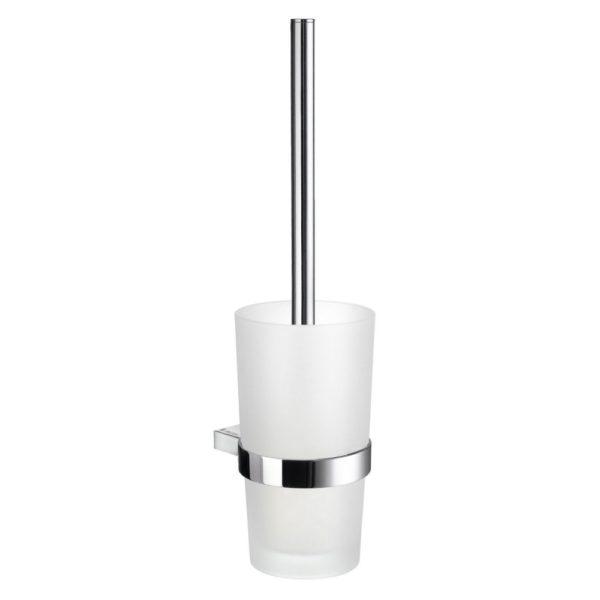 chrome ring shaped holder, holding a white frosted glass toilet brush holder. The brush holder has a straight, slightly tapered edge and is held from the middle. it is holding a toilet brush has a long, straight chrome handle