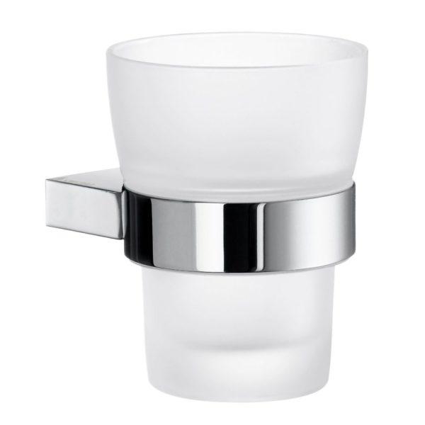 chrome ring shaped holder, holding a white frosted glass tumbler. the tumbler is wider at the top and is held from the middle