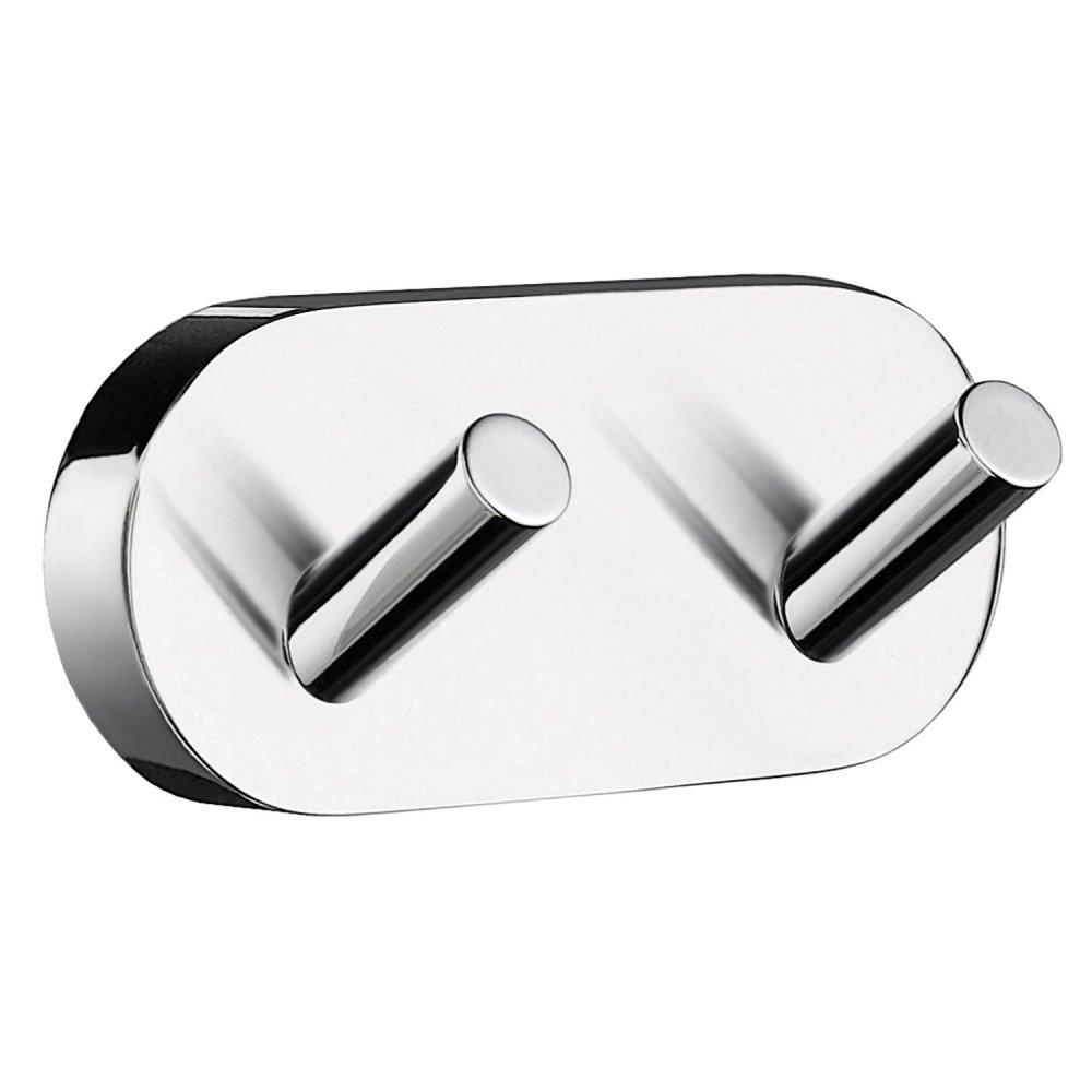 double chrome robe hook consisting of 2 hooks arranged horizontally on a rectangular base with curved ends