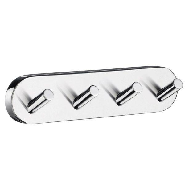 quadruple chrome robe hook consisting of 4 hooks arranged horizontally on a rectangular base with curved ends