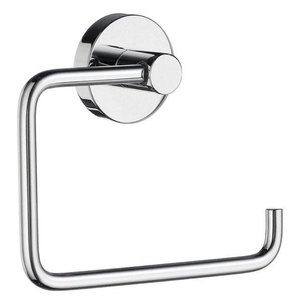 chrome toilet roll holder in a squared hook shape