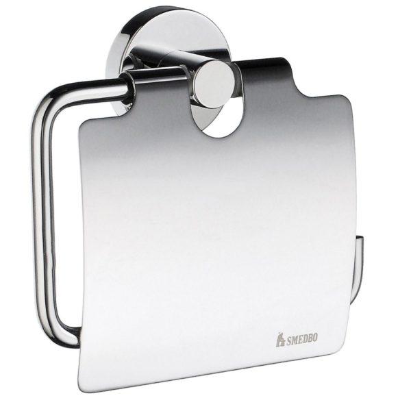 chrome toilet roll holder in a squared hook shape, it is mostly covered up bu a slightly curved chrome flap that acts as a lid to cover the toilet roll