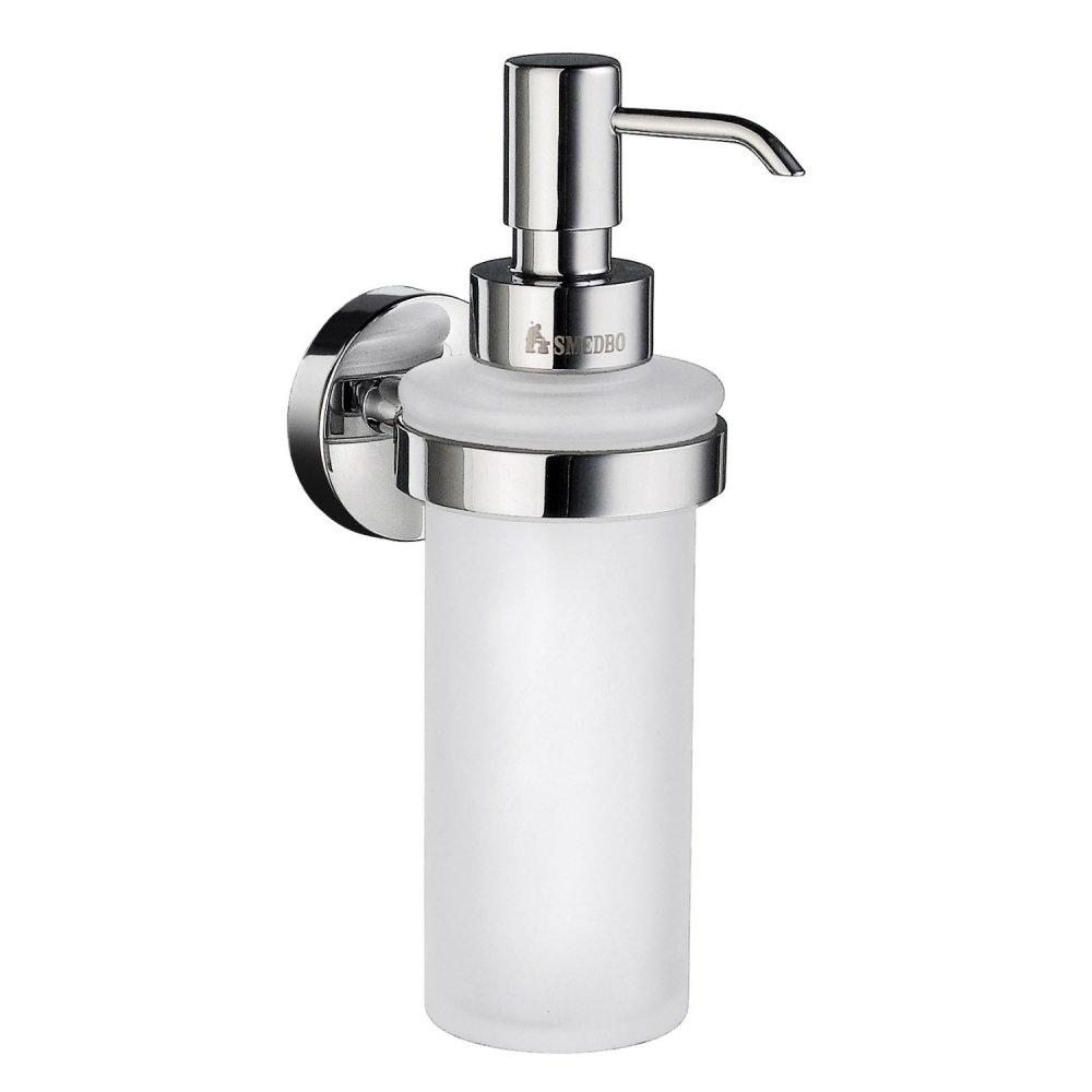 chrome ring shaped holder, holding a white frosted glass soap dispenser bottle, the bottle is held from the top and has a chrome pump head