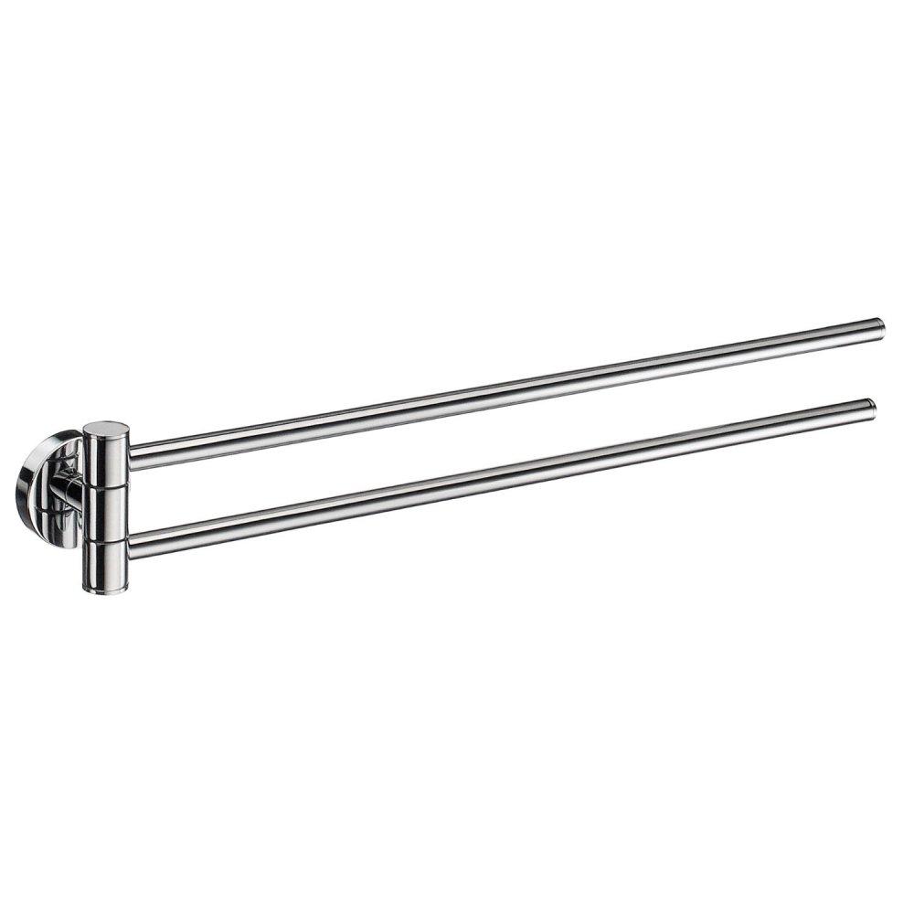 chrome double towel rail attached to the wall on one end on swing hinges