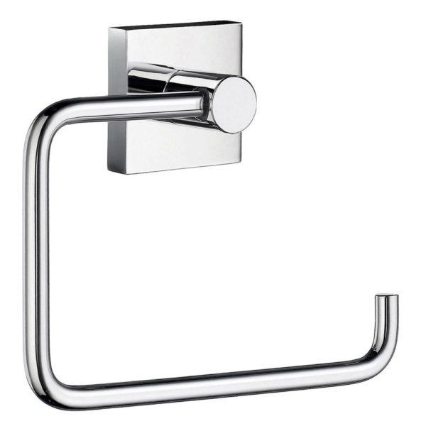chrome toilet roll holder in a squared hook shape