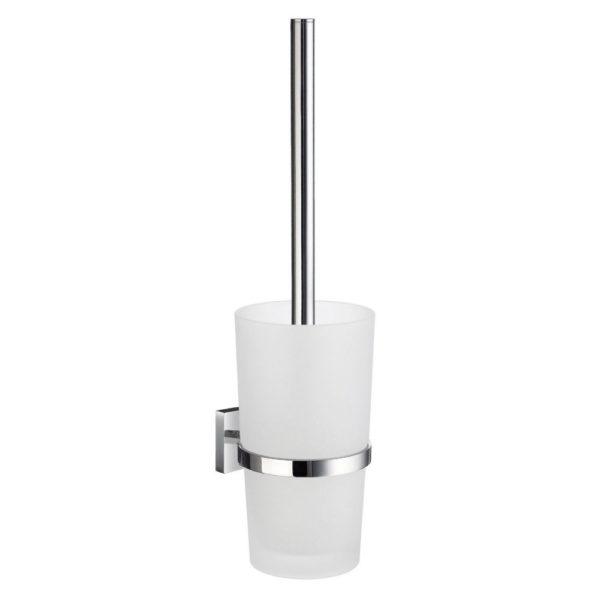 chrome ring shaped holder, holding a white frosted glass toilet brush holder. The brush holder has a straight, slightly tapered edge and is held from the middle. it is holding a toilet brush has a long, straight chrome handle