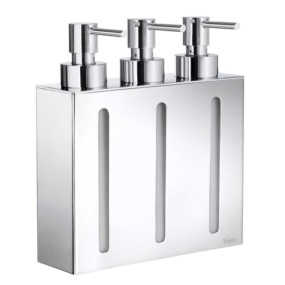 block shaped chrome triple soap dispenser with vertical see through sections to show soap levels