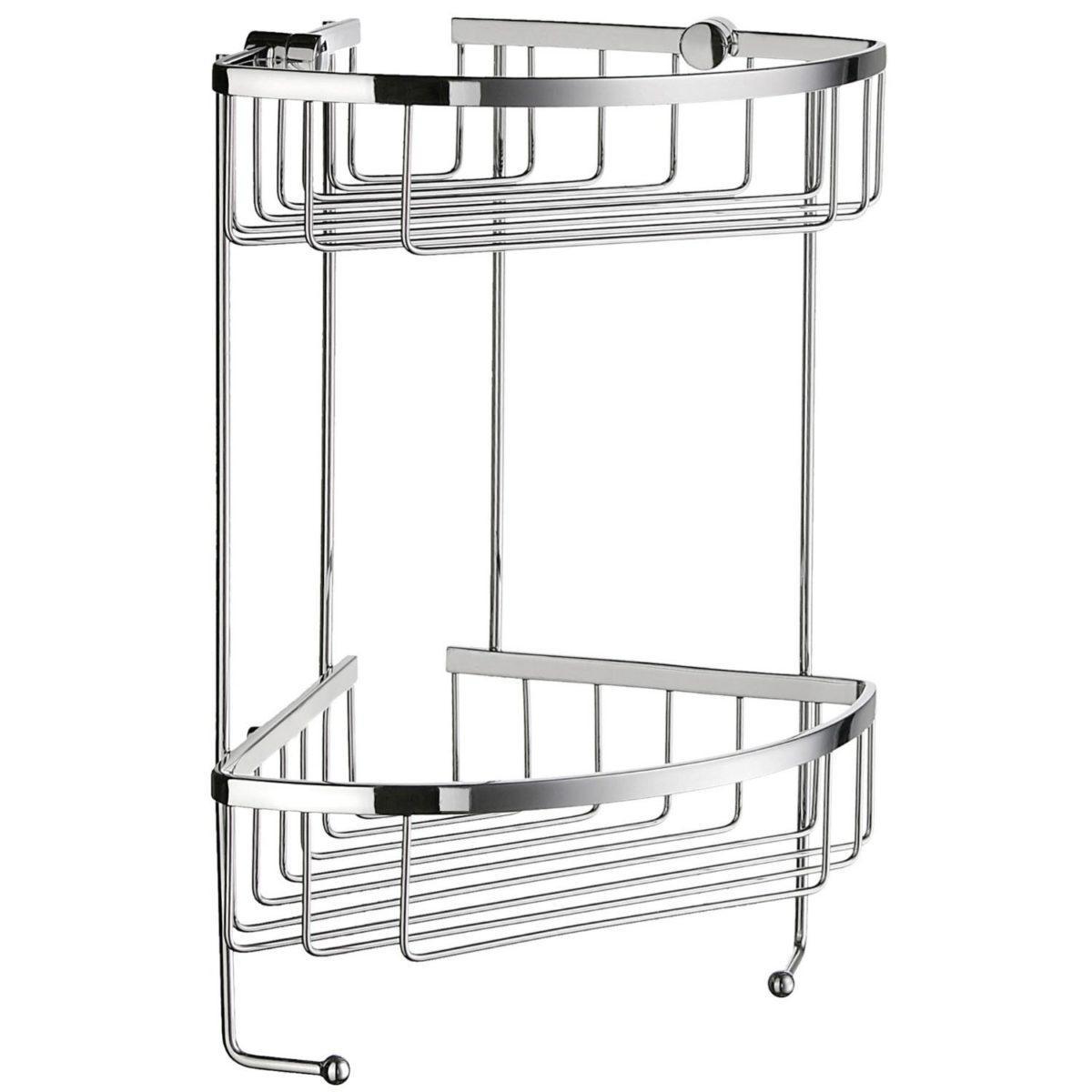 chrome double corner wire basket with two hooks below the lower basket