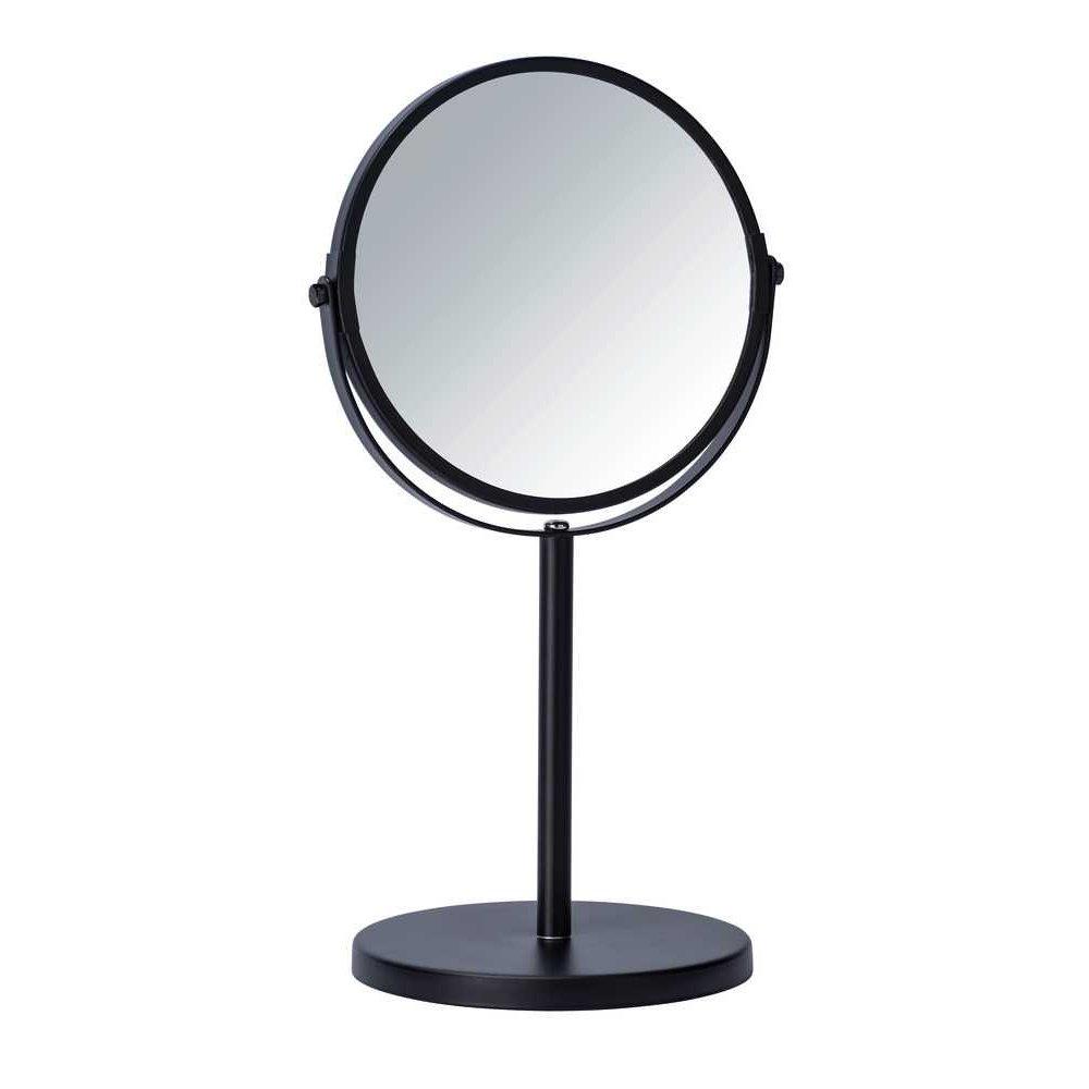 round mirror with swivel hinges on a thin stand with round base, the non mirror parts have a matt black finish