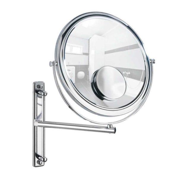 round mirror on swivel hinges on an extending arm consisting of two straight poles and a swivel hinge in tehe centre. it attaches to a round wall plate with another swivel hinge. the not mirror parts are chrome plated on the mirror is another smaller more magnified round mirror