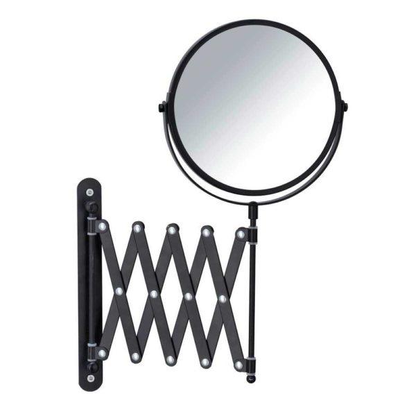 small round mirror with swivel hinge on an extending arm that folds in and out. the non mirror parts are a matt black