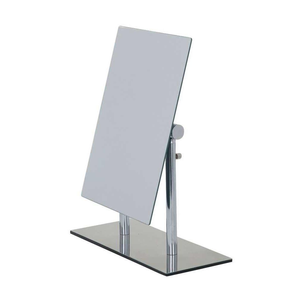 rectangular mirror attached to a chrome stand with swivel hinges