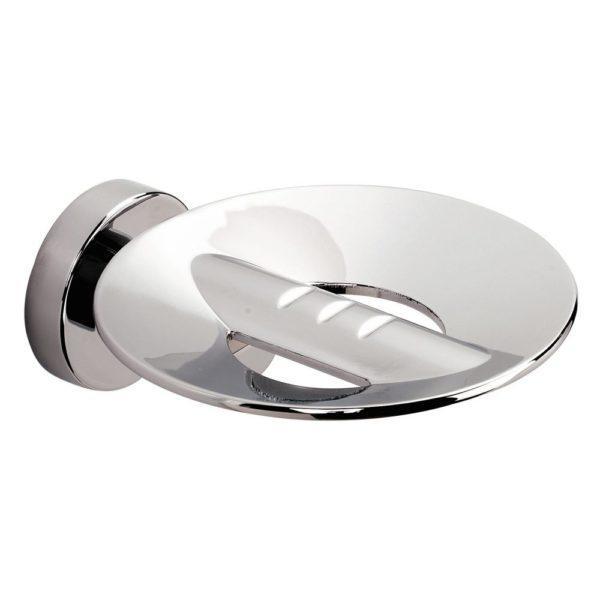 round chrome metal wall mounted soap dish with two semi-circular holes on the base