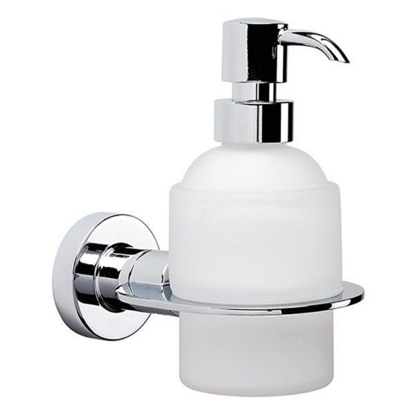 white frosted glass soap dispenser bottle with chrome pump and wall mounted holder