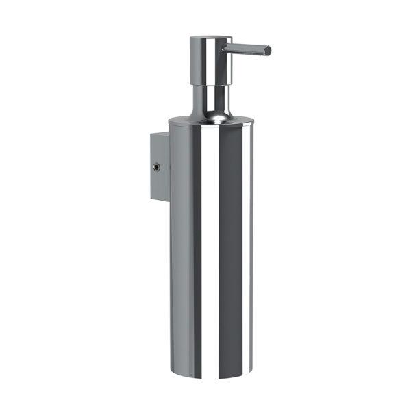 chrome wall mounted soap dispenser, it is a long straight cylinder in shape with a pump at the top