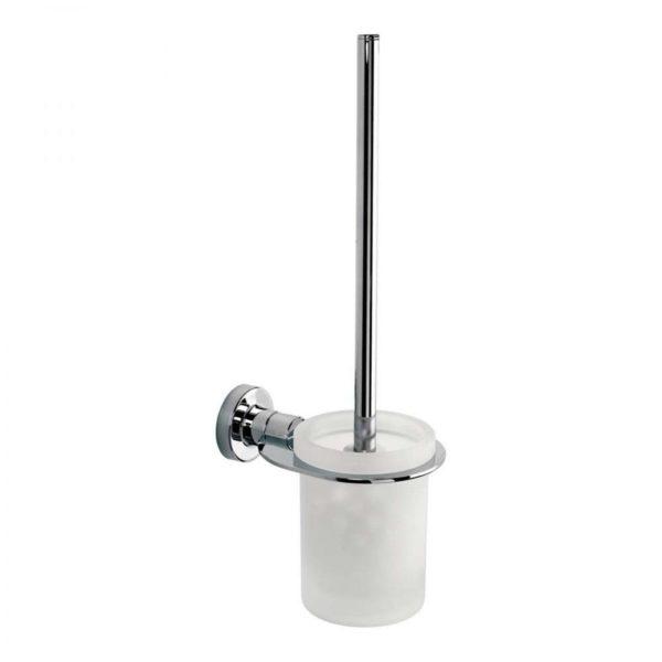 frosted glass toilet brush holder with chrome wall mounted holder. it is holding a toilet brush with a white bristle head and a ling, straight chrome handle
