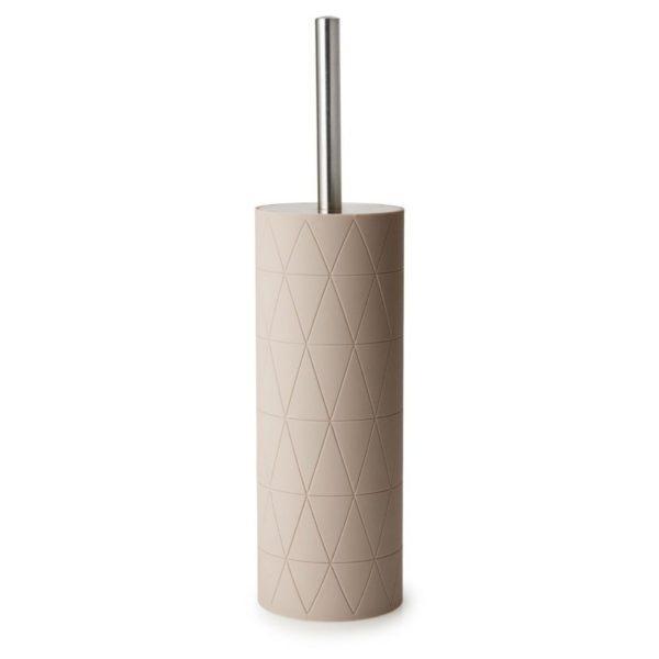 beige coloured plastic cylindrical toilet brush holder with geometric triangular pattern engraved. Sticking out of the top is a handle