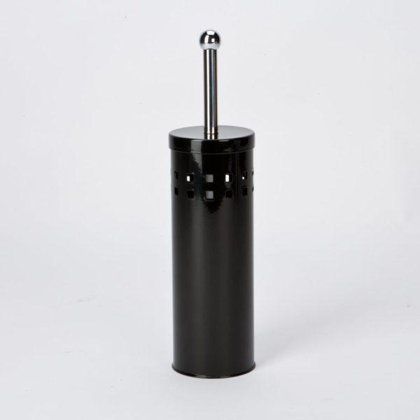 black coloured cylindrical toilet brush holder with two rows of small cut out squares near the top. Sticking out of the top is a chrome coloured handle