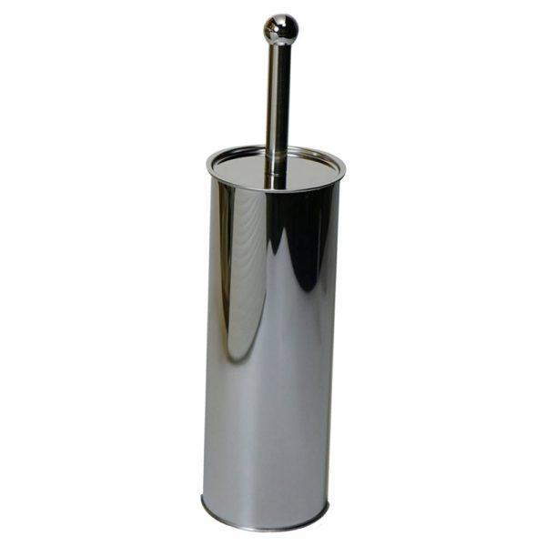 stainless steel cylindrical toilet brush holder. Sticking out of the top is a stainless steel handle
