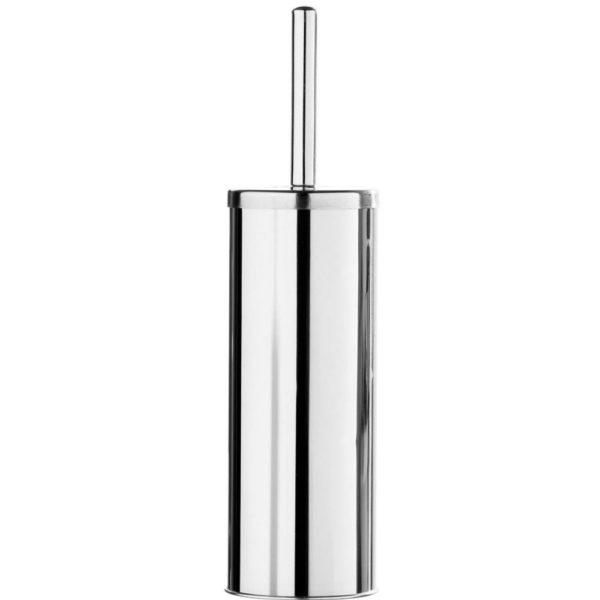 stainless steel cylindrical toilet brush holder. Sticking out of the top is a handle
