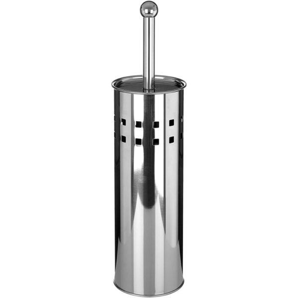 stainless steel cylindrical toilet brush holder with two rows of small cut out squares near the top. Sticking out of the top is a stainless steel handle