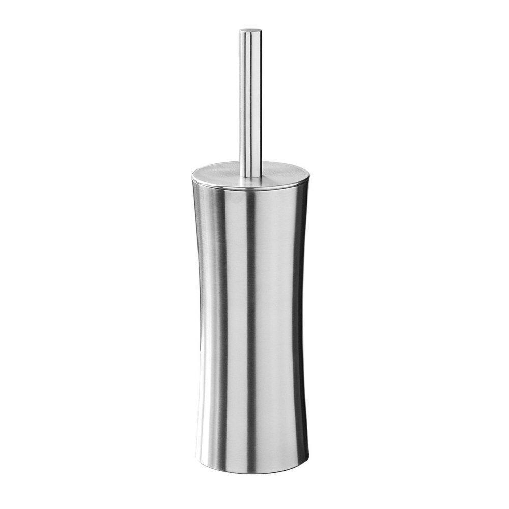 stainless steel cylindrical toilet brush holder, the vertical edges are slightly concave. Sticking out of the top is a handle