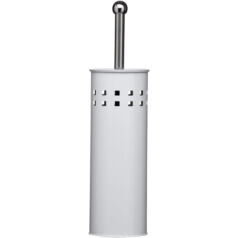 white coloured cylindrical toilet brush holder with two rows of small cut out squares near the top. Sticking out of the top is a chrome coloured handle