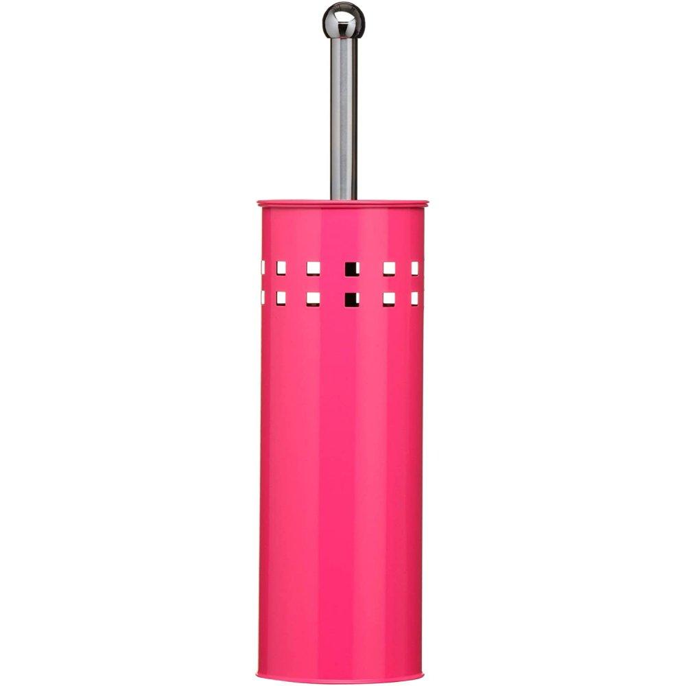 hot pink coloured cylindrical toilet brush holder with two rows of small cut out squares near the top. Sticking out of the top is a chrome coloured handle