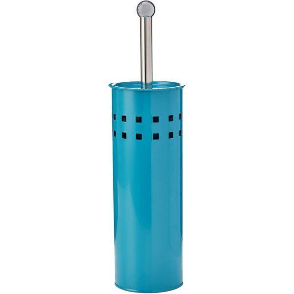 turquoise coloured cylindrical toilet brush holder with two rows of small cut out squares near the top. Sticking out of the top is a chrome coloured handle