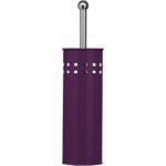 purple coloured cylindrical toilet brush holder with two rows of small cut out squares near the top. Sticking out of the top is a chrome coloured handle