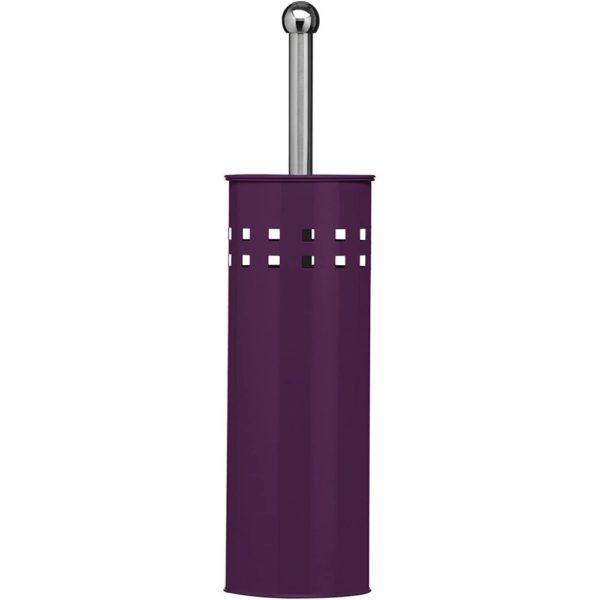 purple coloured cylindrical toilet brush holder with two rows of small cut out squares near the top. Sticking out of the top is a chrome coloured handle