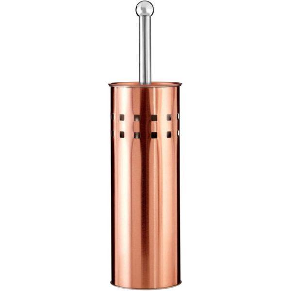 rose gold coloured cylindrical toilet brush holder with two rows of small cut out squares near the top. Sticking out of the top is a chrome coloured handle