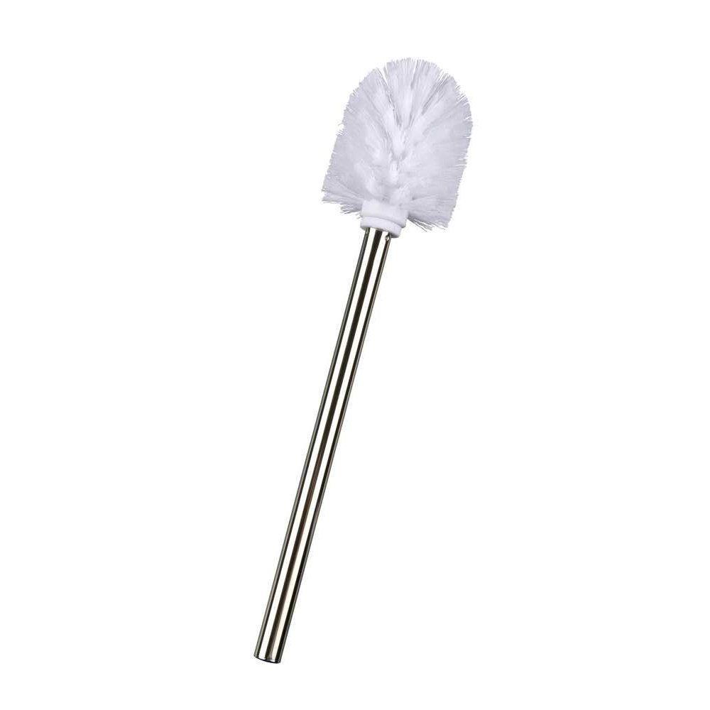 white bristle toilet brush head on long, straight chrome handle