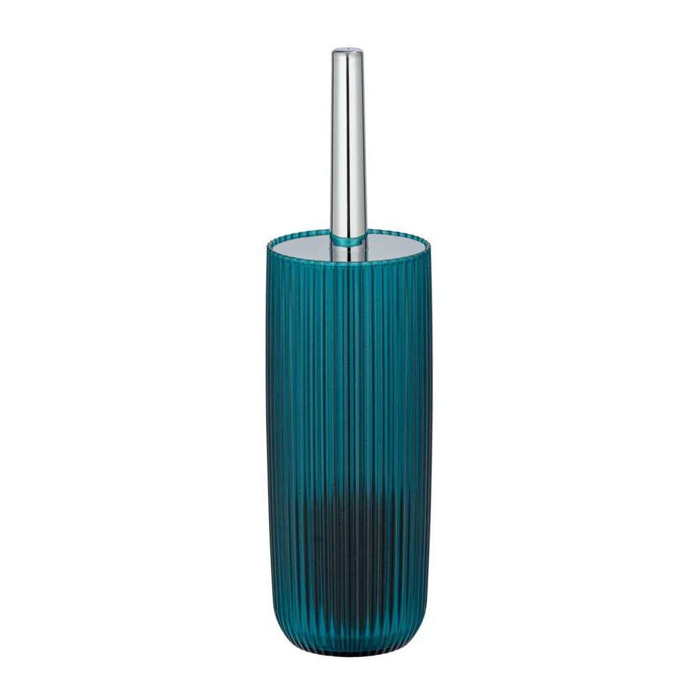 tall, vertically ribbed translucent petrol blue coloured plastic toilet brush holder with chrome coloured plastic lid and handle at the top.