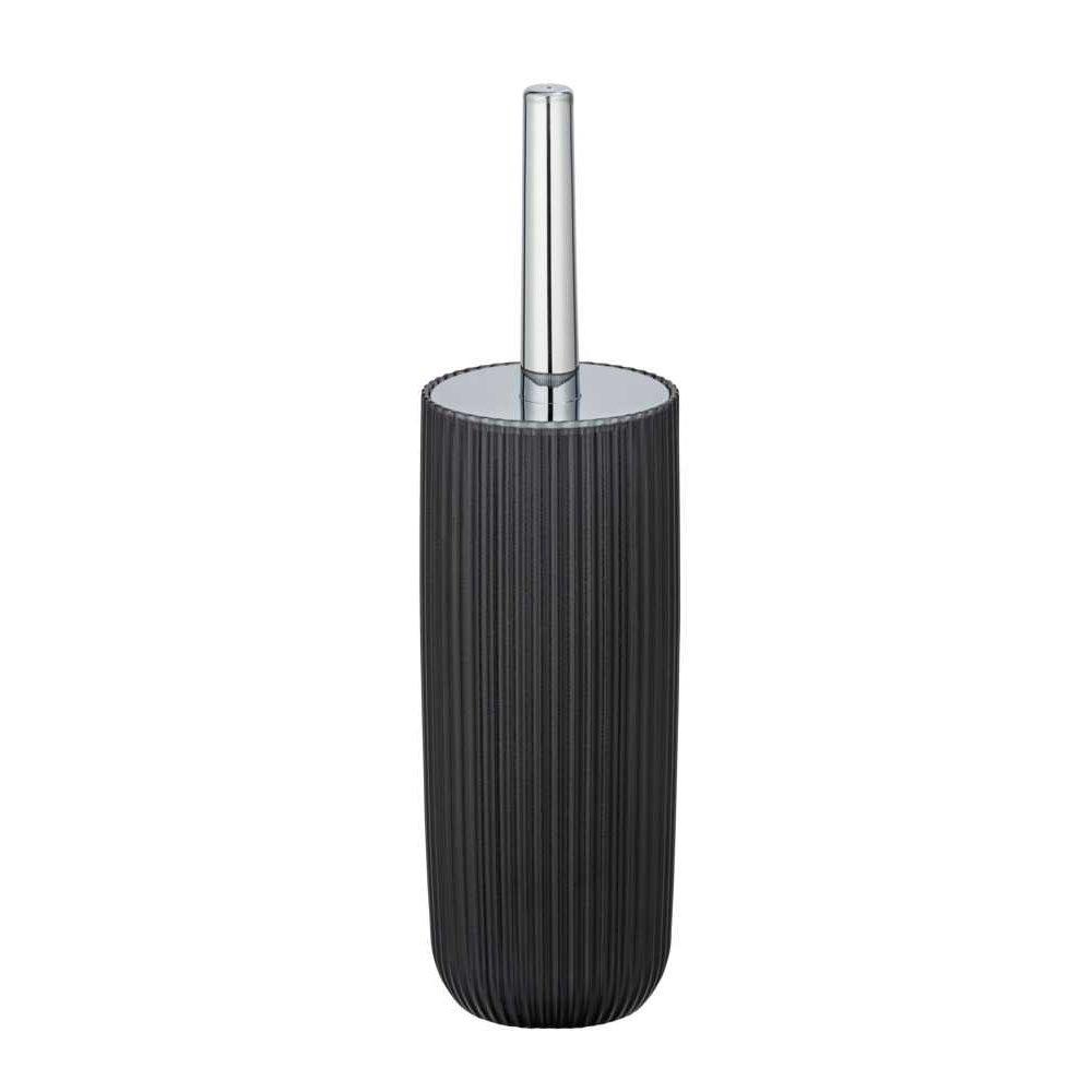tall, vertically ribbed grey plastic toilet brush holder with chrome coloured plastic lid and handle at the top.