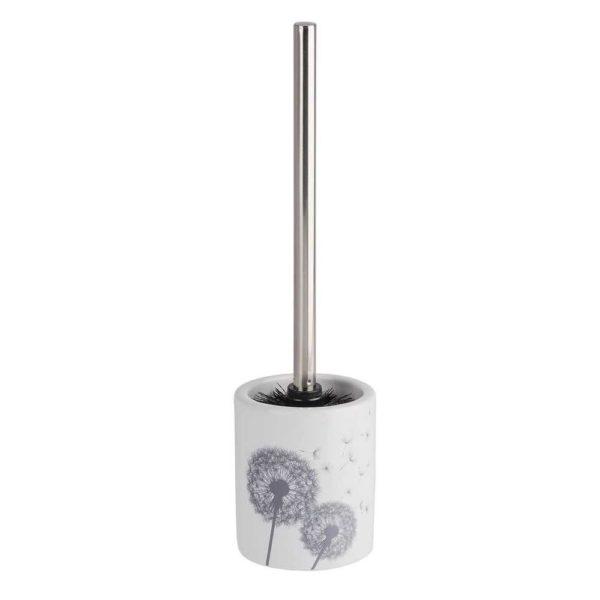 white ceramic brush holder holding a brush with a straight chrome handle. there are grey silhouettes of two dandelion clocks on the side of the holder.