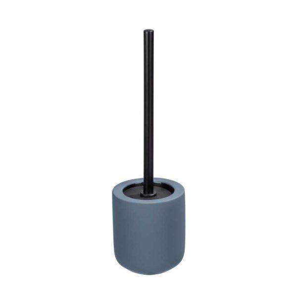 toilet roll holder in a muted blue colour holding a brush with a straight black handle
