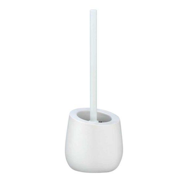 white ceramic toilet brush holder with an angled top and rounded base. it is holding a brush with a long straight plastic handle of the same colour.
