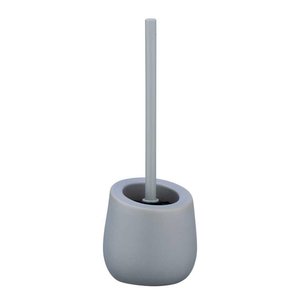 grey ceramic toilet brush holder with an angled top and rounded base. it is holding a brush with a long straight plastic handle of the same colour.