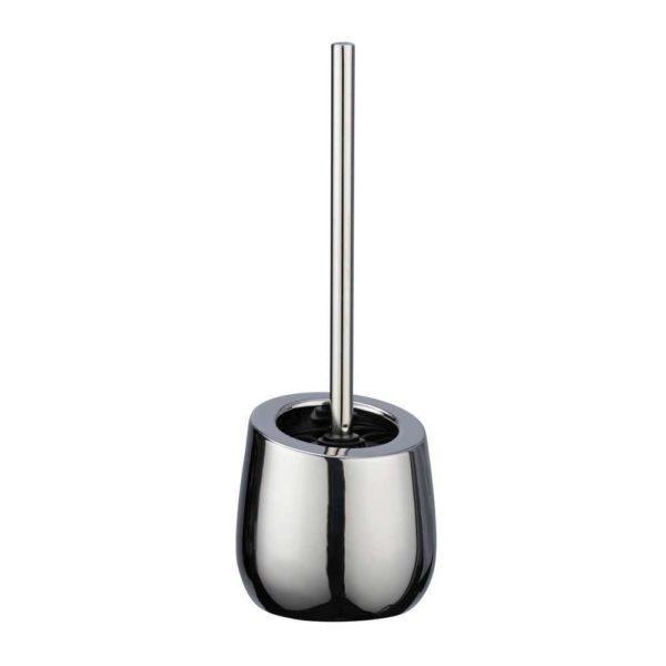 chrome ceramic toilet brush holder with an angled top and rounded base. it is holding a brush with a long straight plastic handle of the same colour.