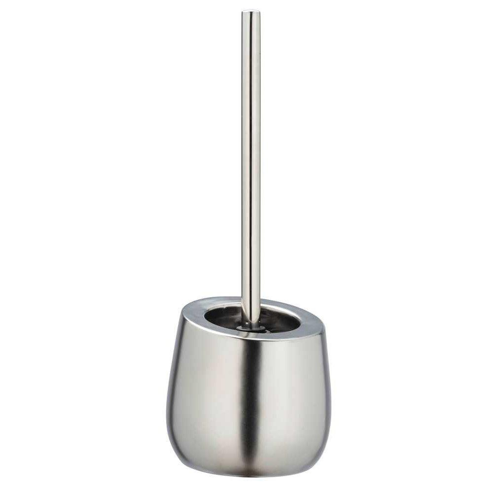 matt chrome ceramic toilet brush holder with an angled top and rounded base. it is holding a brush with a long straight plastic handle of the same colour.