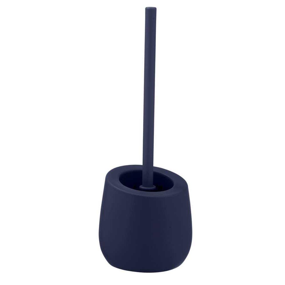 dark blue ceramic toilet brush holder with an angled top and rounded base. it is holding a brush with a long straight plastic handle of the same colour.