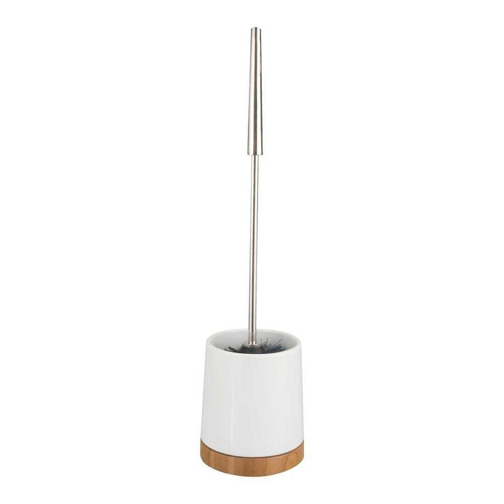 white ceramic toilet brush holder with a bamboo ase, the brush has a long thin chrome coloured handle with larger grip section at the top