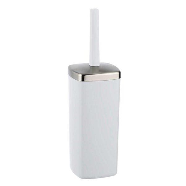 white coloured plastic toilet brush holder. It is a rectangular shape with rounded corners and a slightly domed chrome lid. the handle is the same colour as the main body.