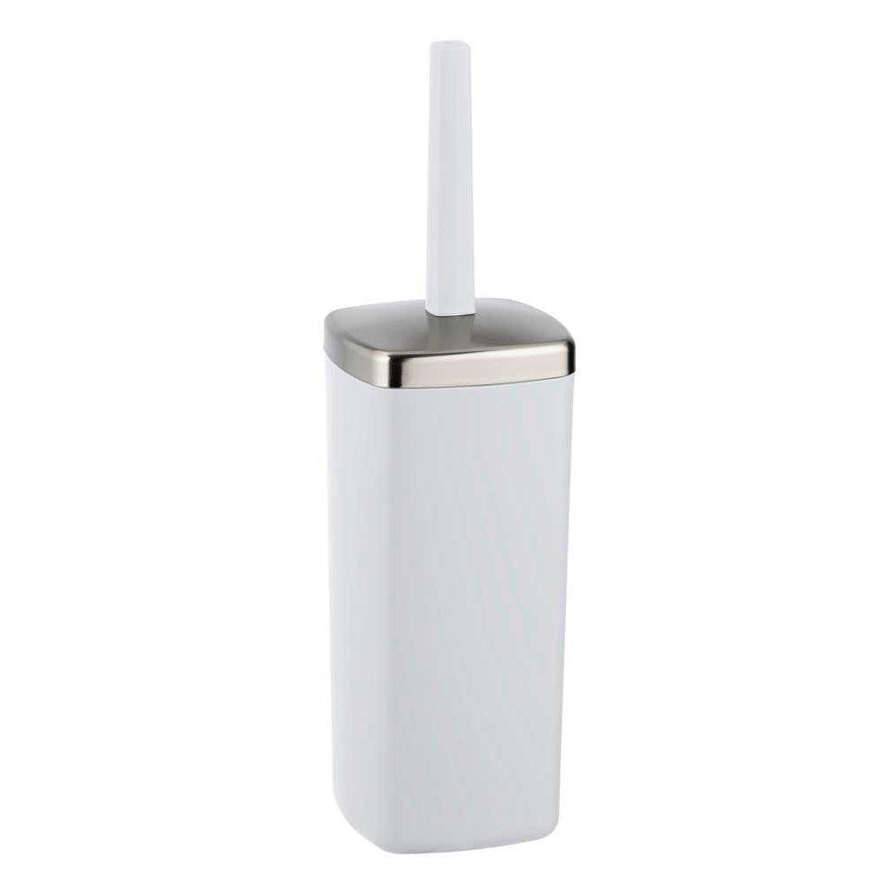 white coloured plastic toilet brush holder. It is a rectangular shape with rounded corners and a slightly domed chrome lid. the handle is the same colour as the main body.