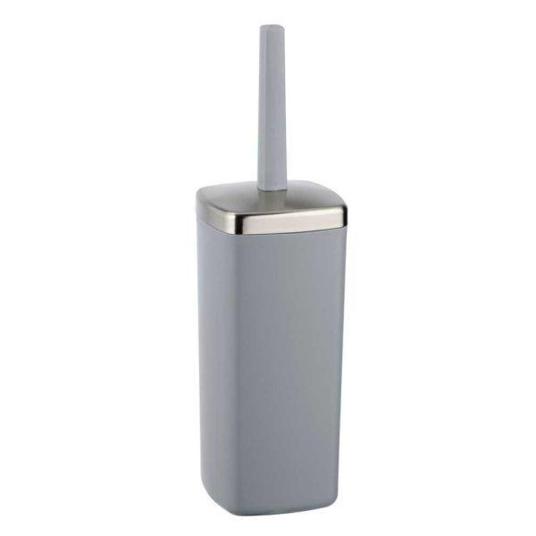 grey coloured plastic toilet brush holder. It is a rectangular shape with rounded corners and a slightly domed chrome lid. the handle is the same colour as the main body.